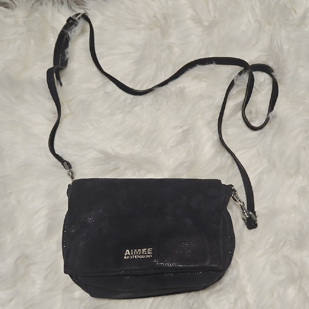 Aimee Kestenberg Blue Shimmer Crossbody Shoulder Bag with Logo Hardware